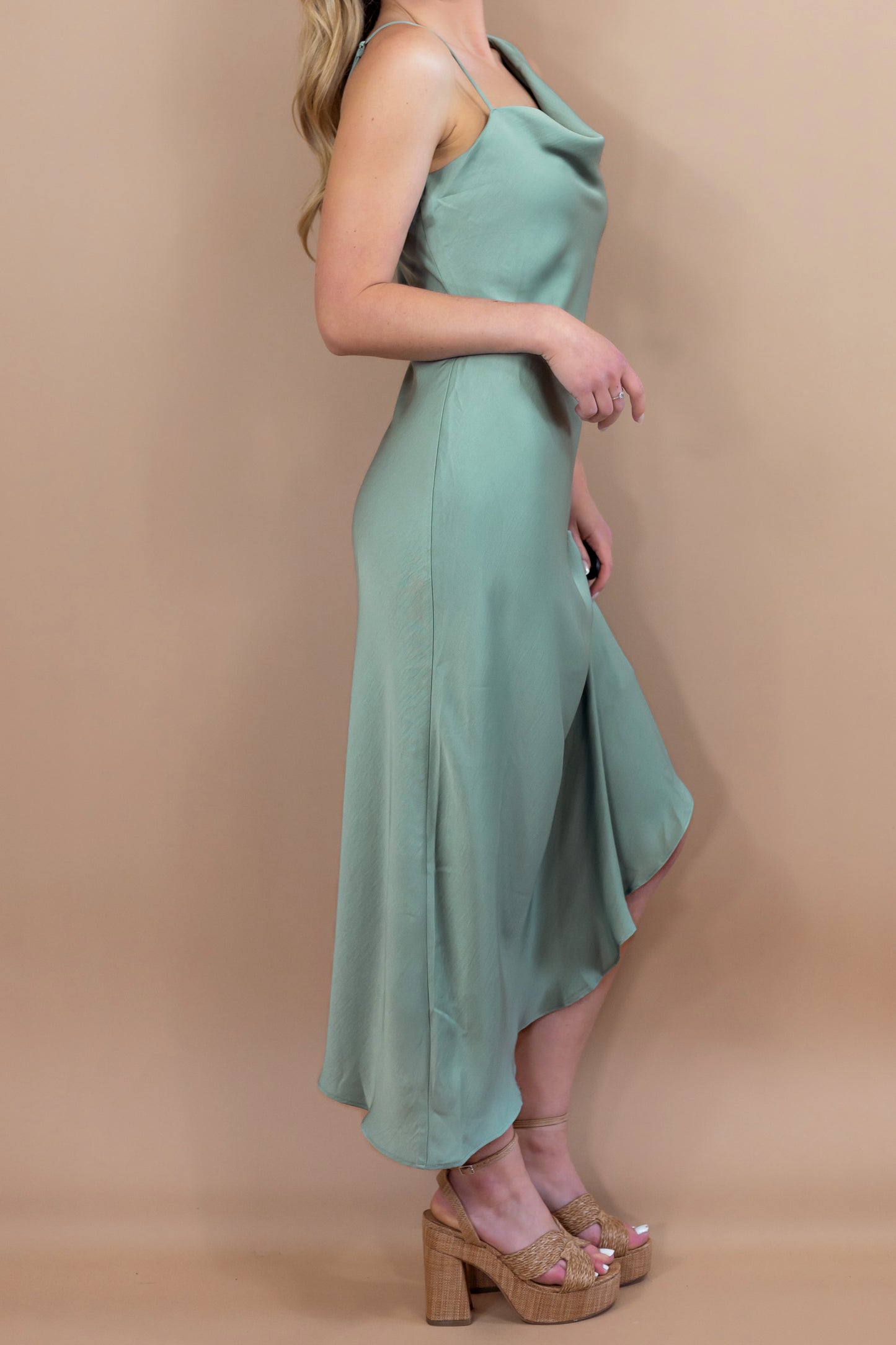 Lysandra Asymmetrical Satin midi Dress - Sage