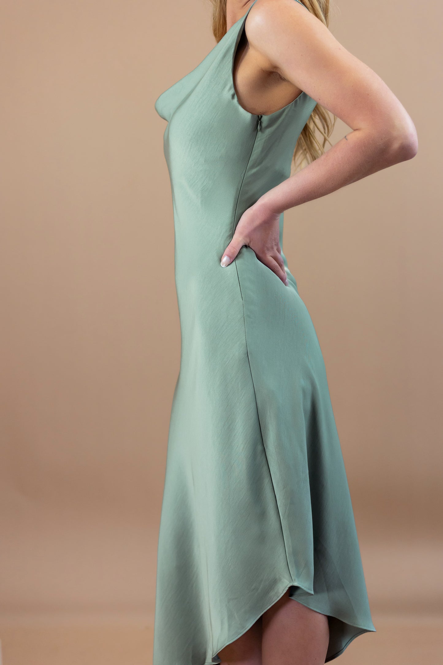 Lysandra Asymmetrical Satin midi Dress - Sage