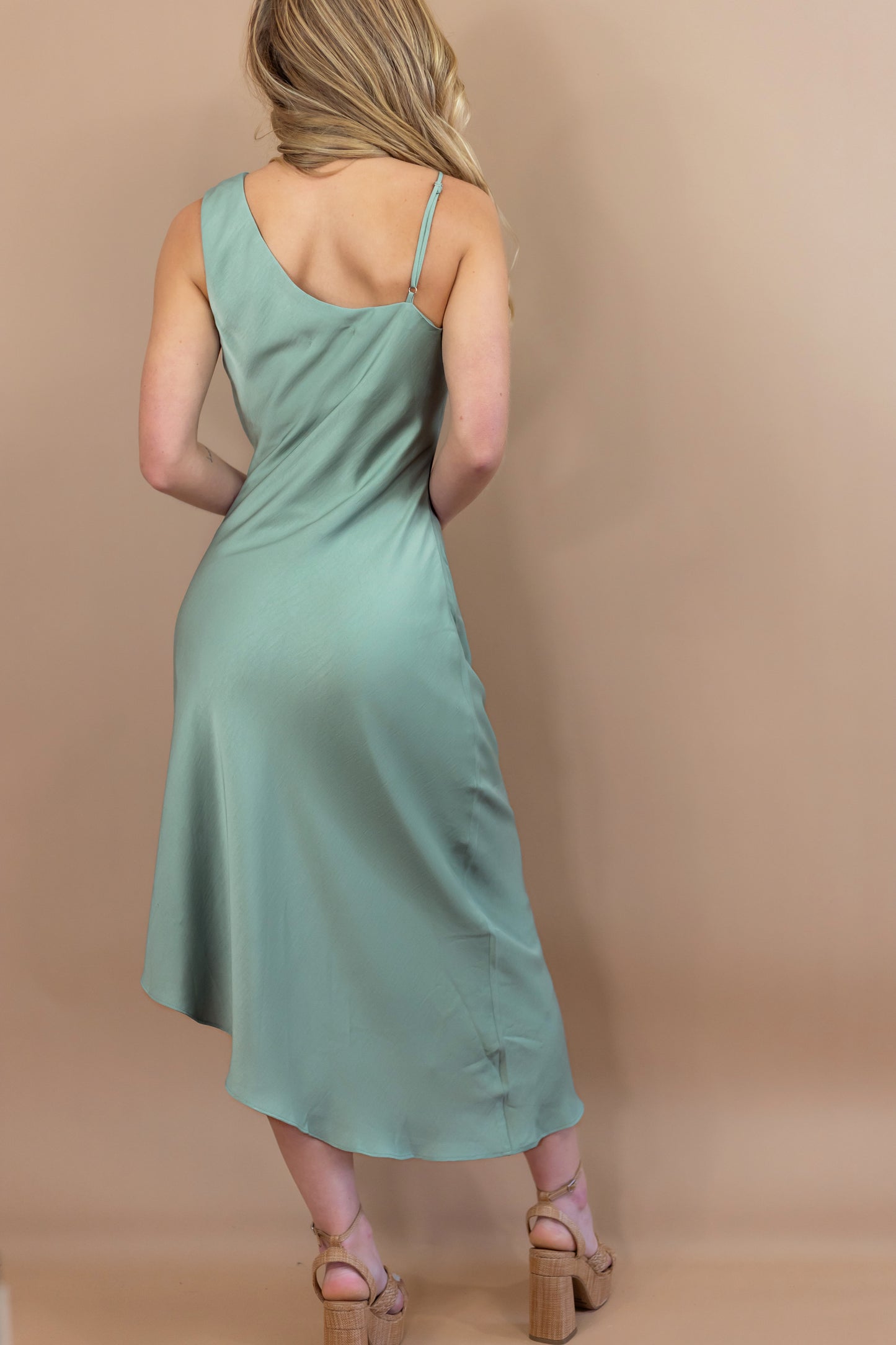 Lysandra Asymmetrical Satin midi Dress - Sage