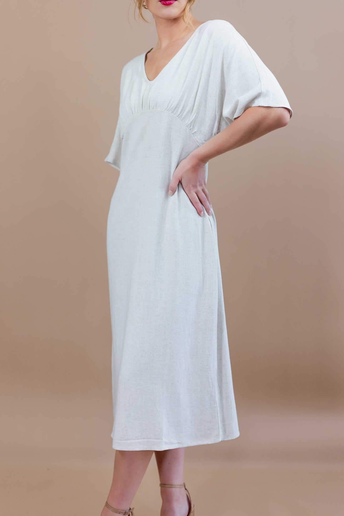 Raven V Neck Linen Sheath Midi Dress