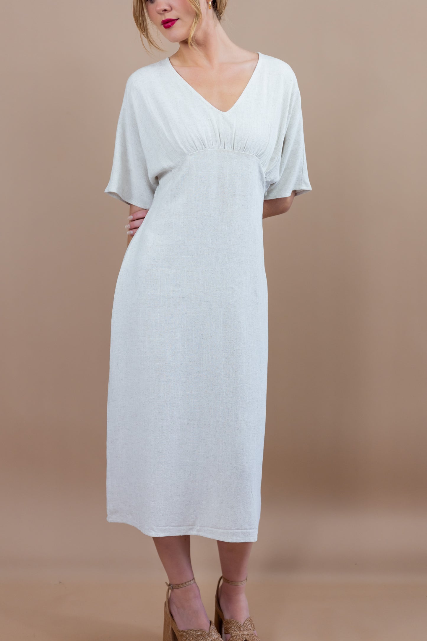 Raven V Neck Linen Sheath Midi Dress