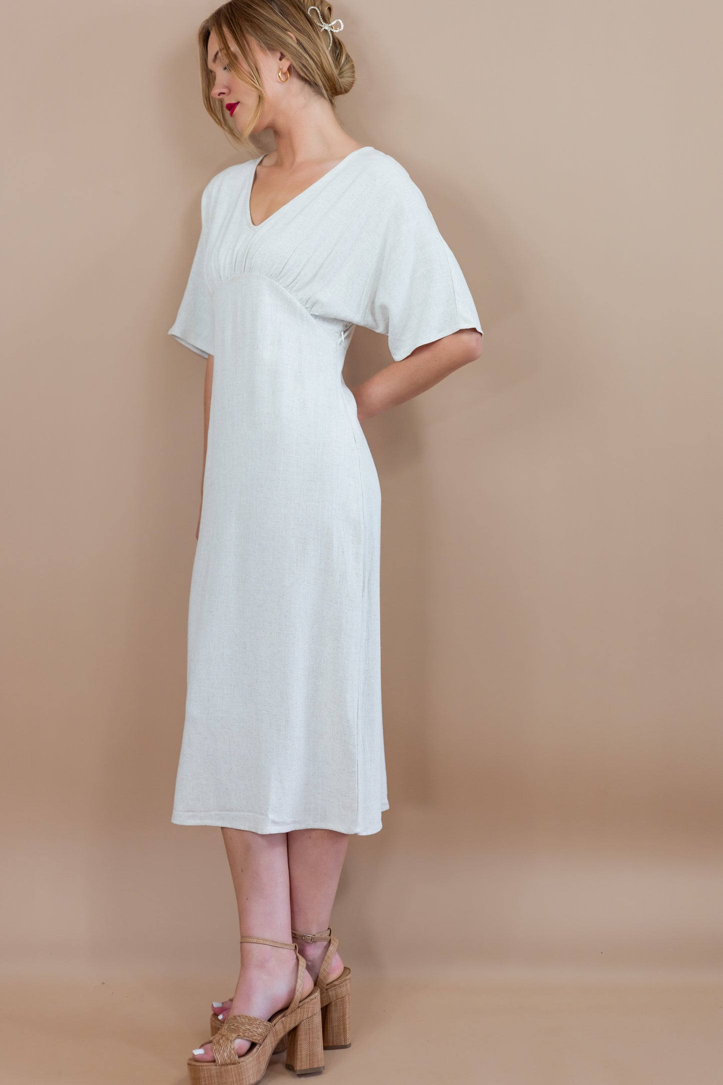 Raven V Neck Linen Sheath Midi Dress