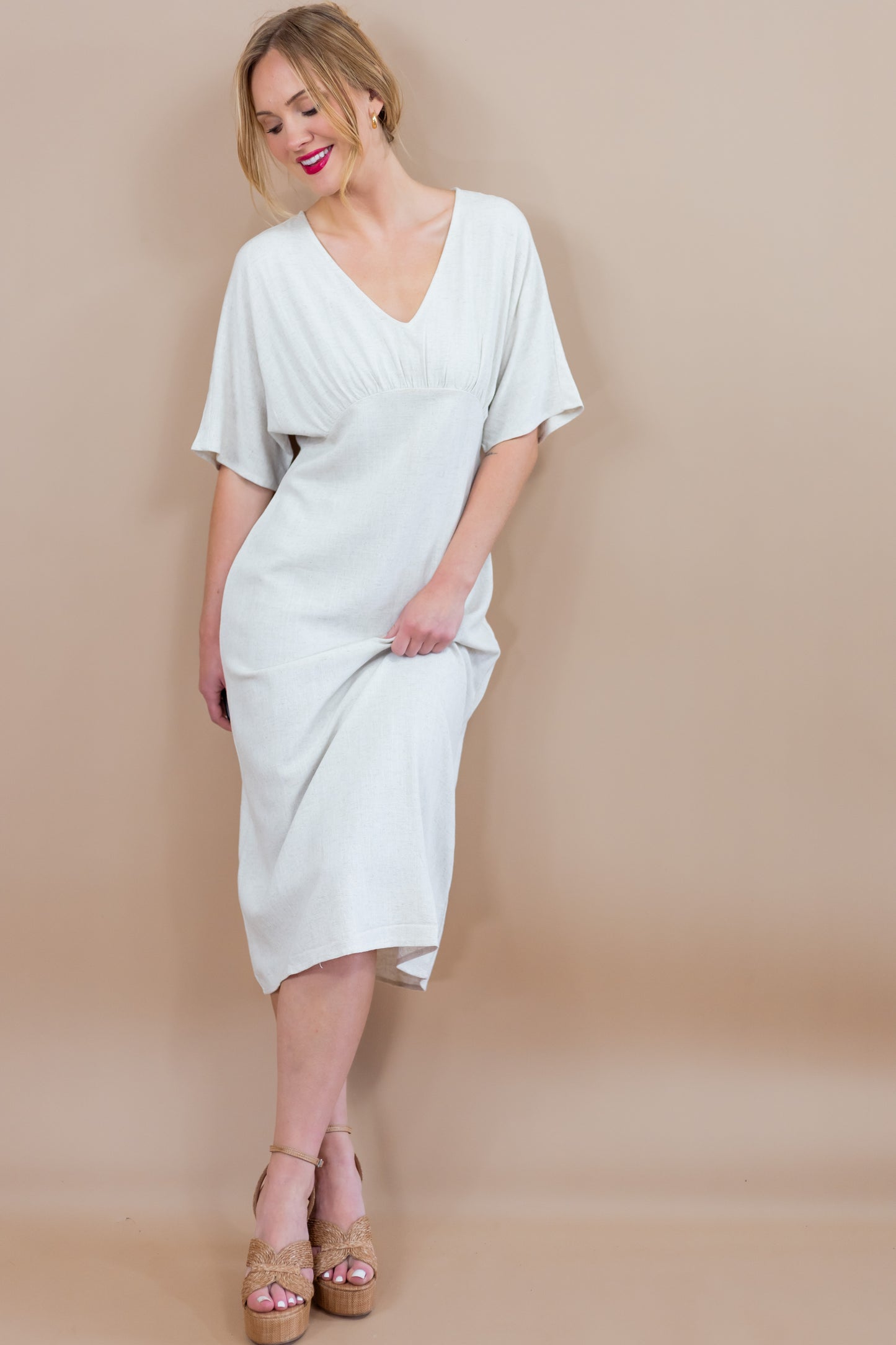 Raven V Neck Linen Sheath Midi Dress