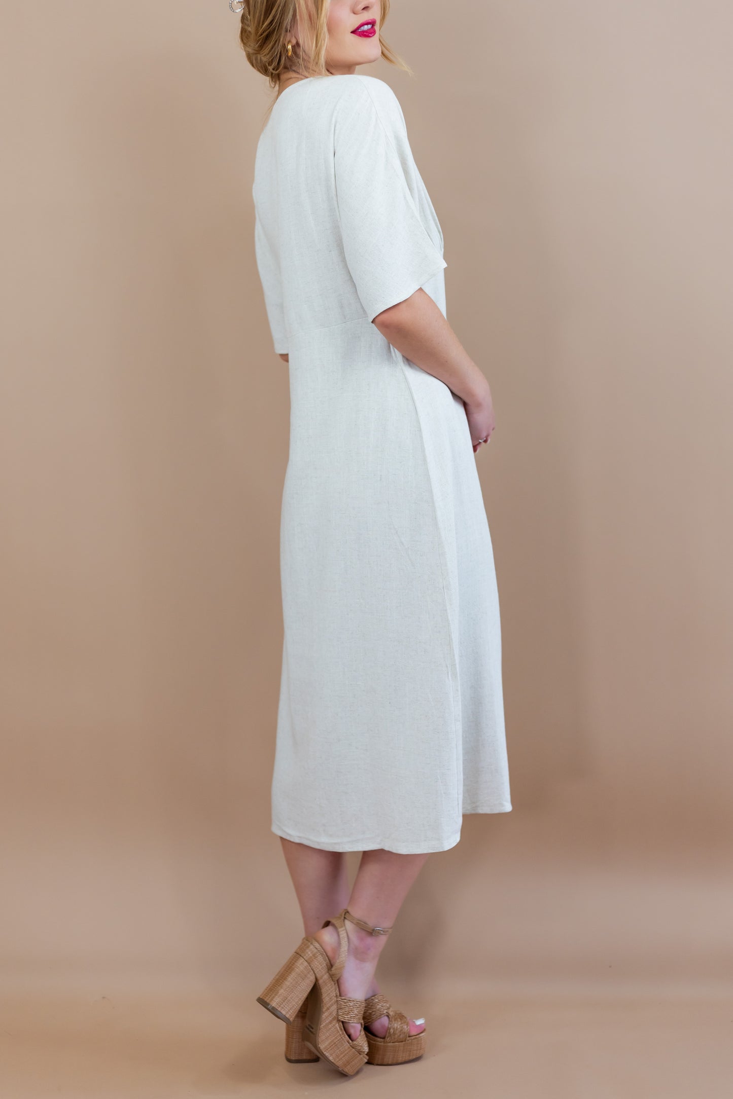 Raven V Neck Linen Sheath Midi Dress