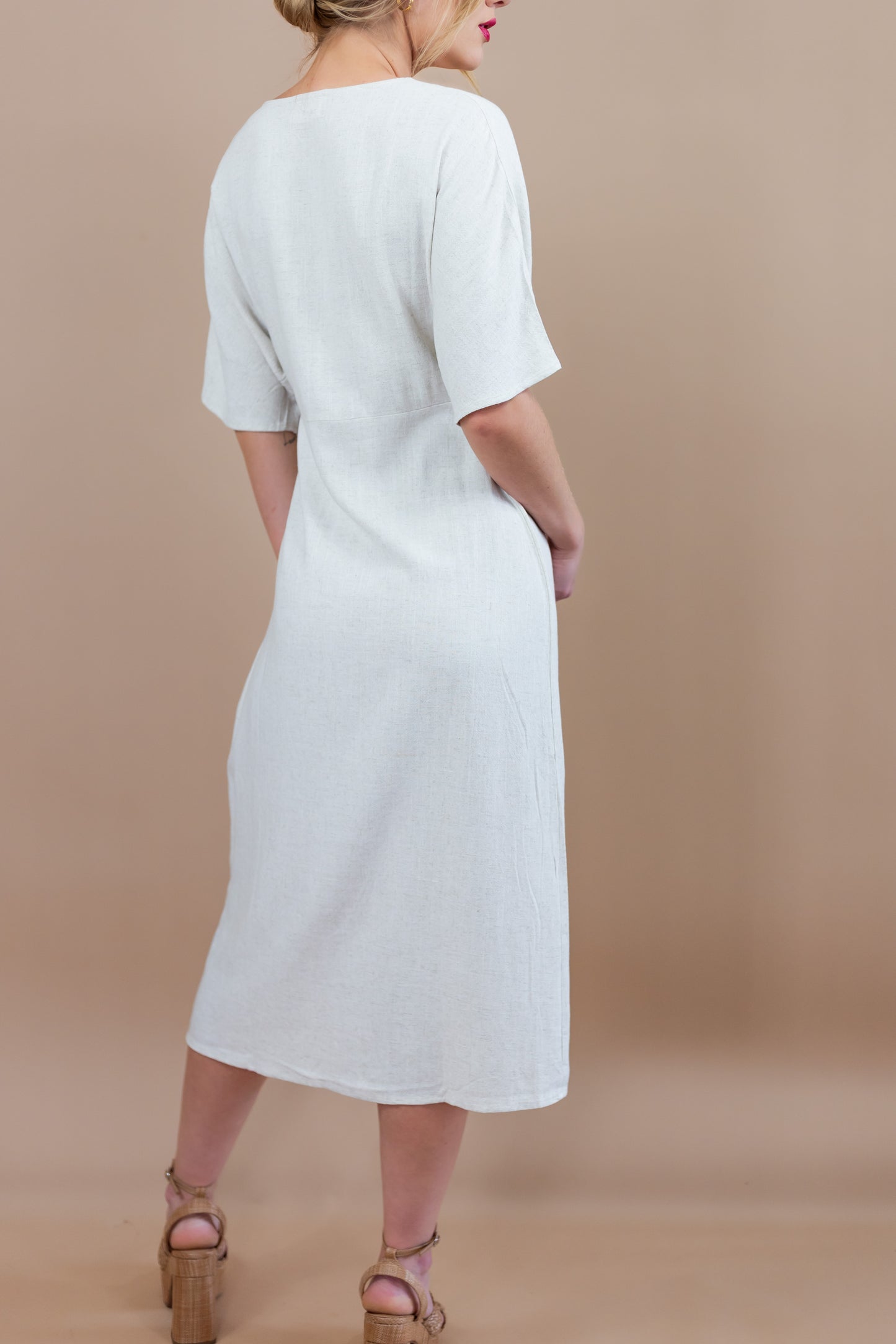 Raven V Neck Linen Sheath Midi Dress