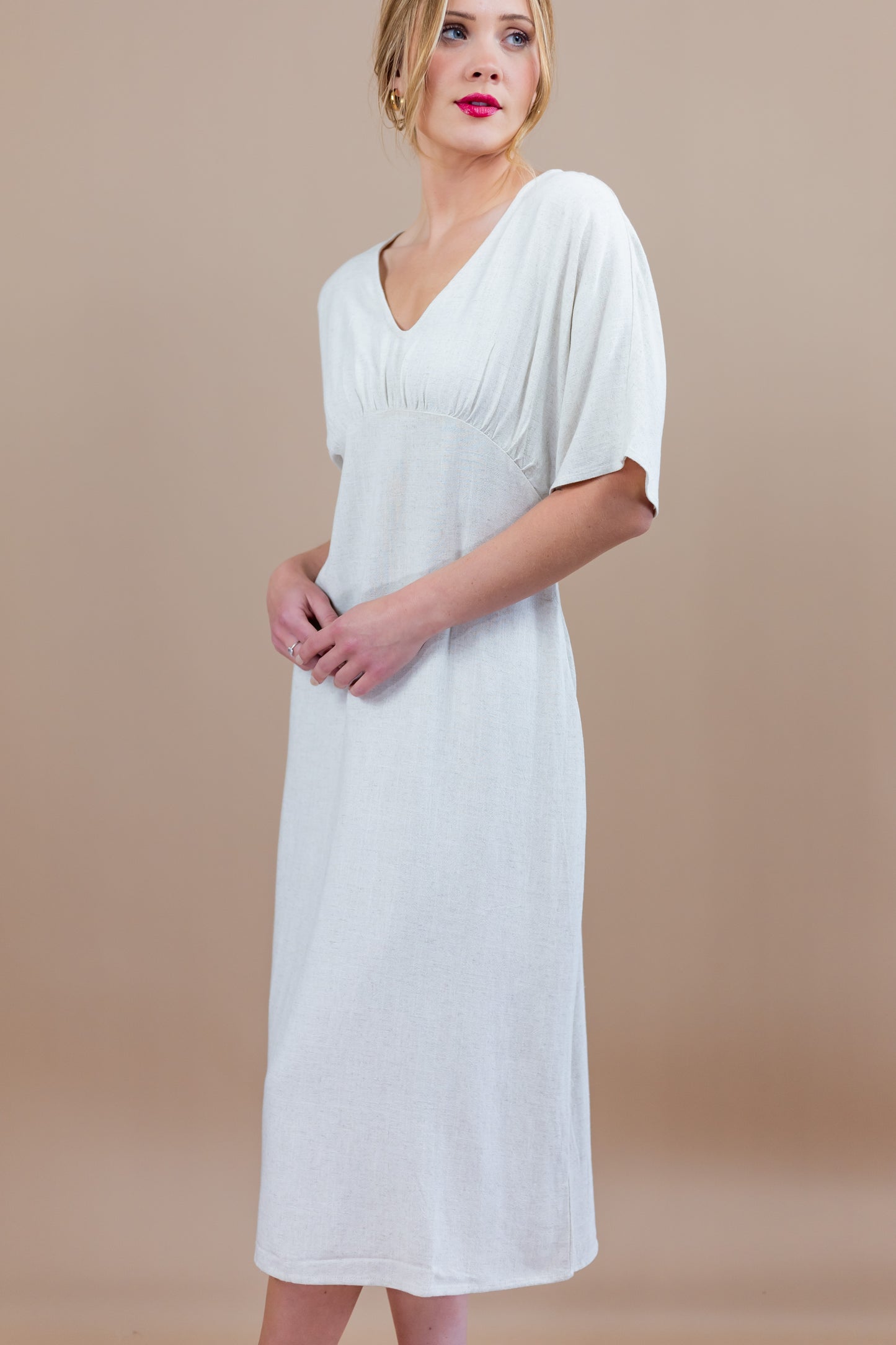 Raven V Neck Linen Sheath Midi Dress