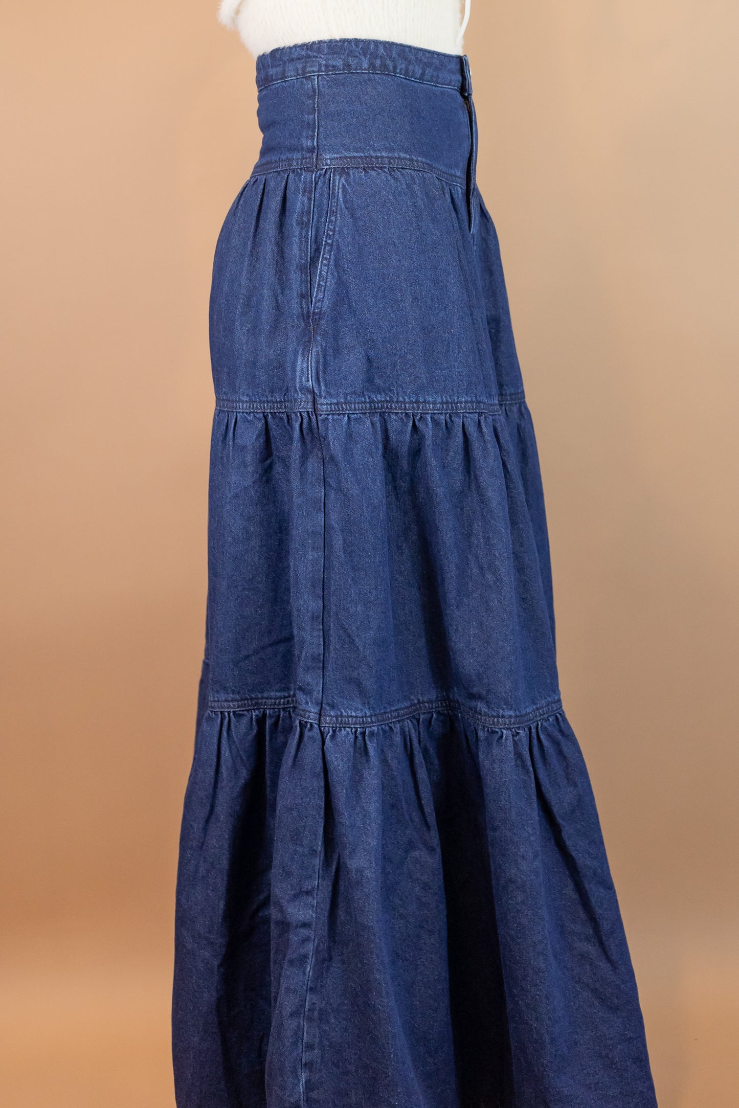 woman's blue denim maxi length skirt side view