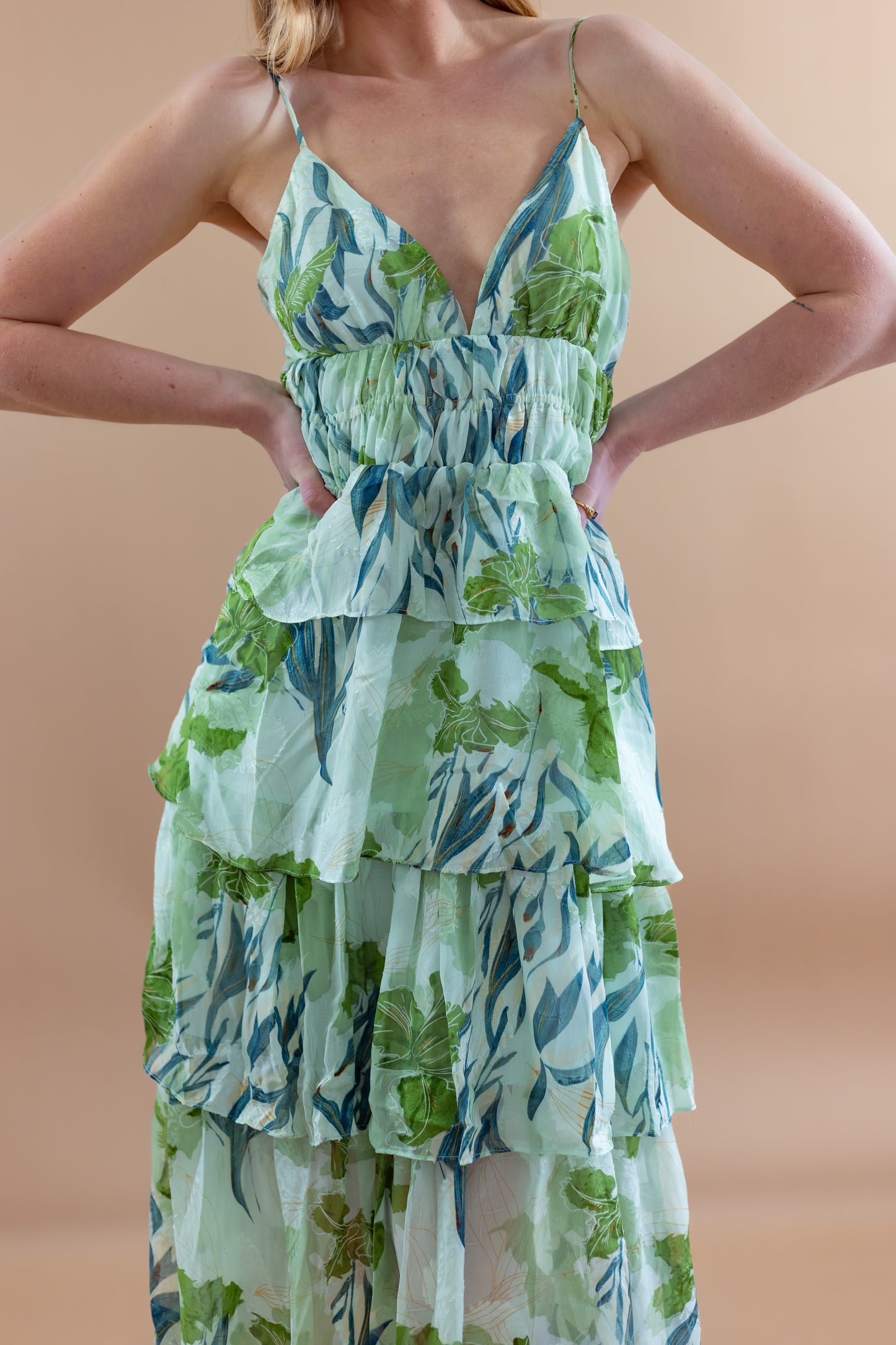 Zayla Tropical Tiered Midi Dress