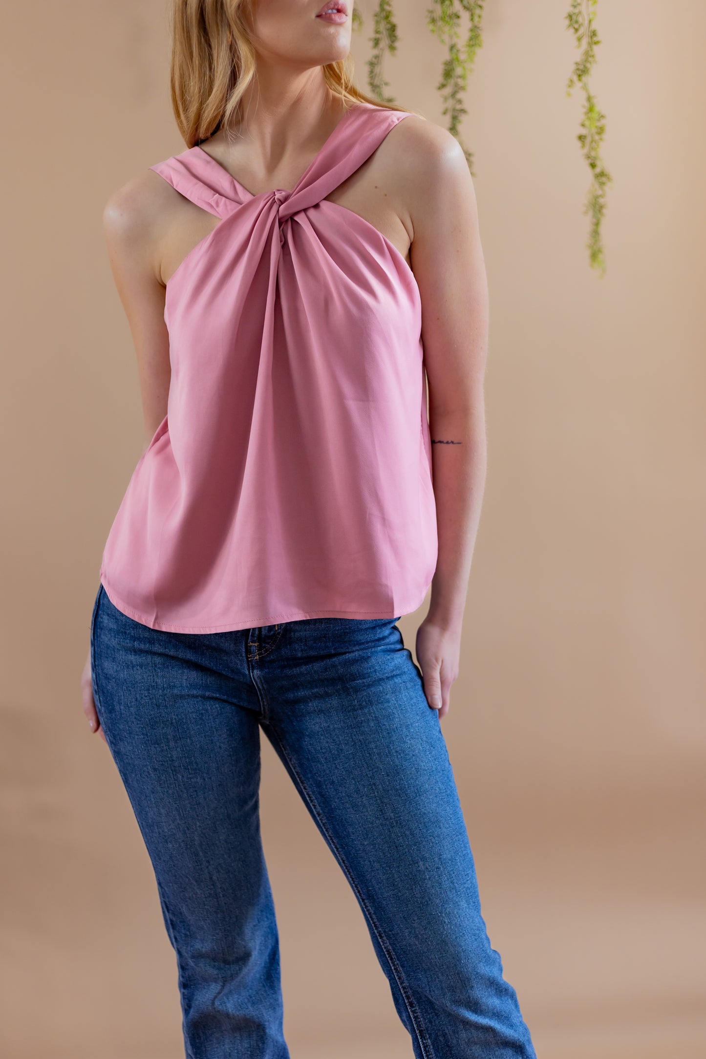 Keira Cross Neck Tie Satin Top- Pink