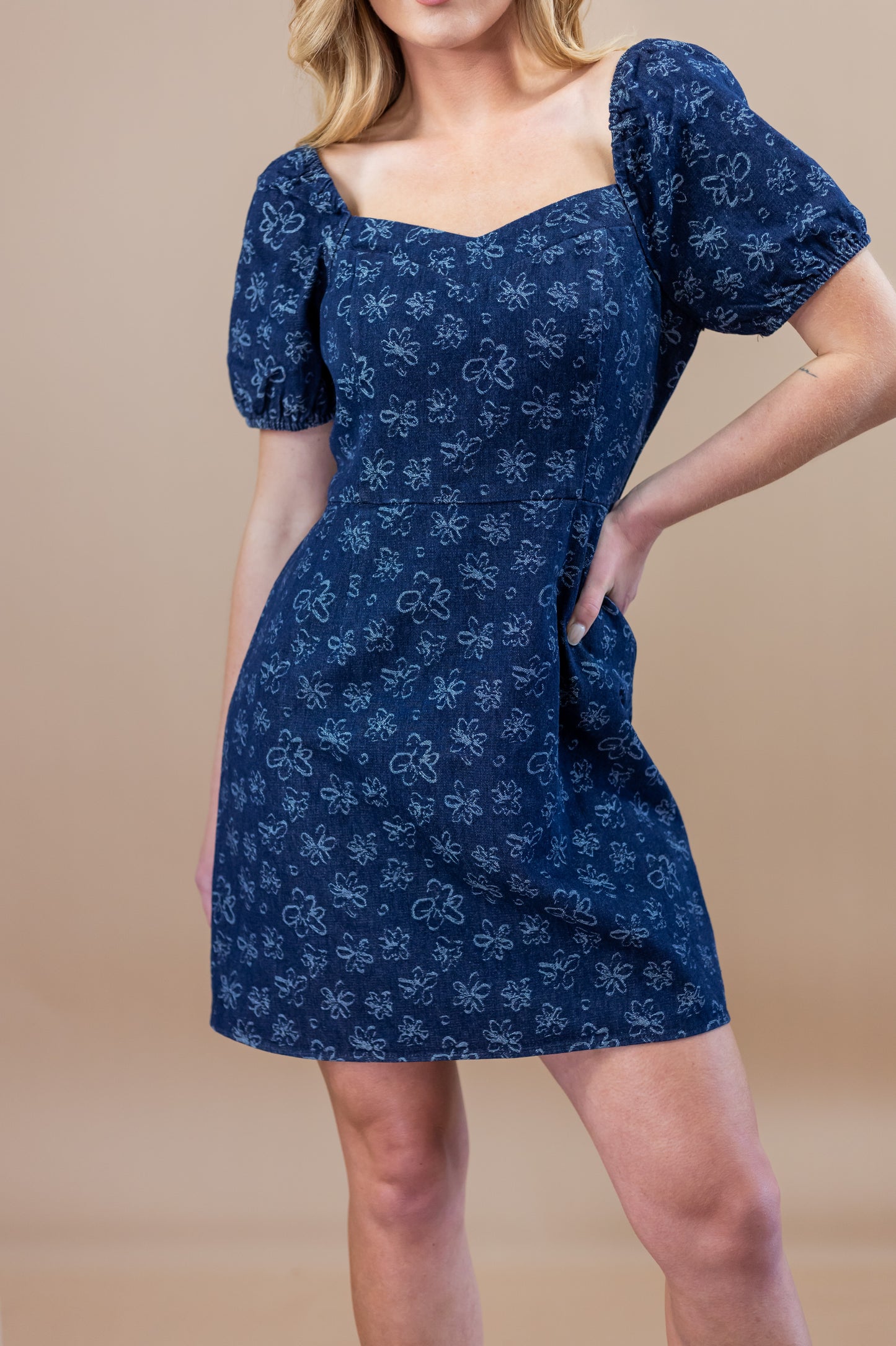 Blakely Floral Denim Puff Sleeve Mini Dress