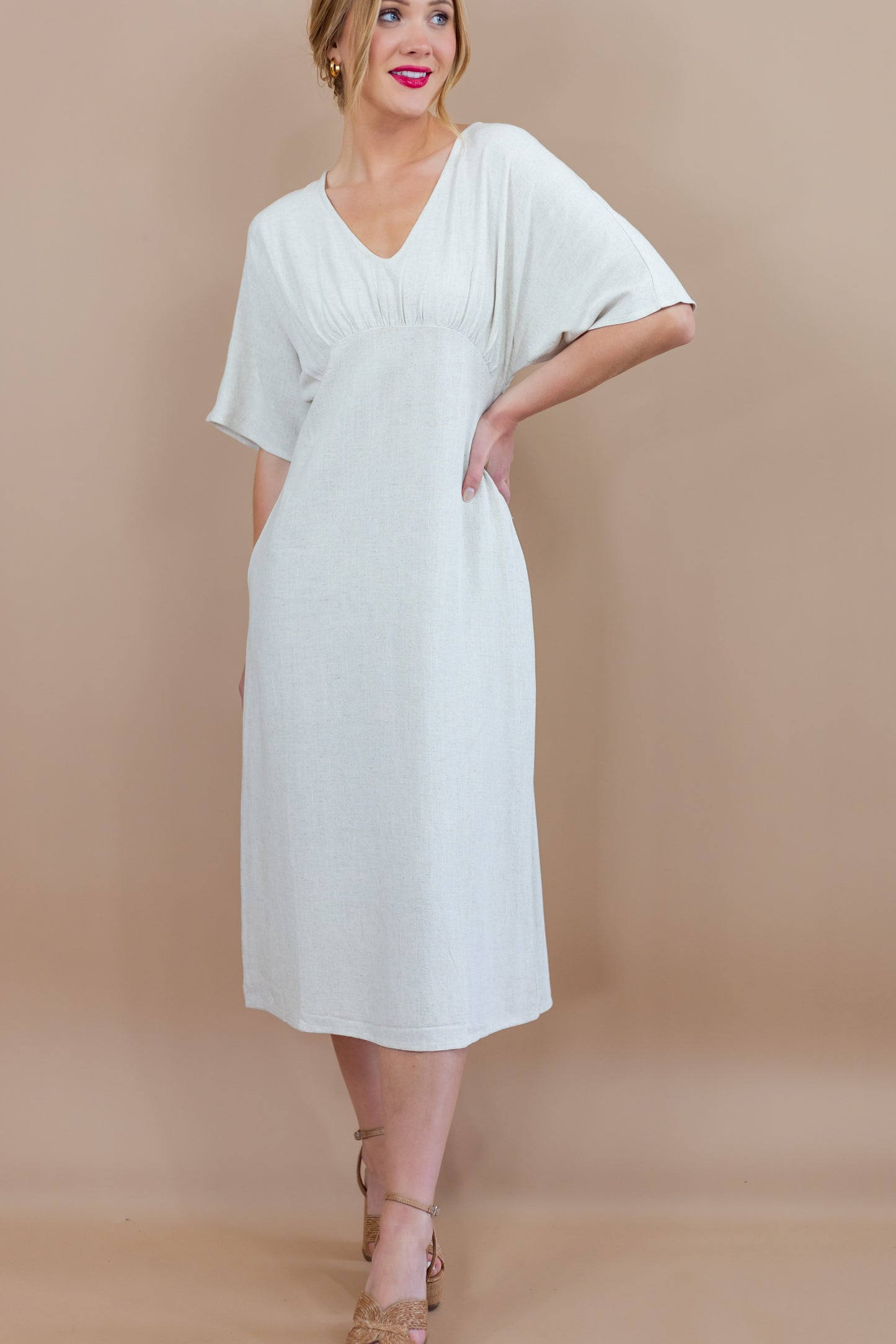 Raven V Neck Linen Sheath Midi Dress