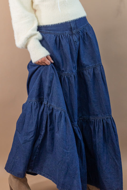 Woman's blue denim maxi length skirt
