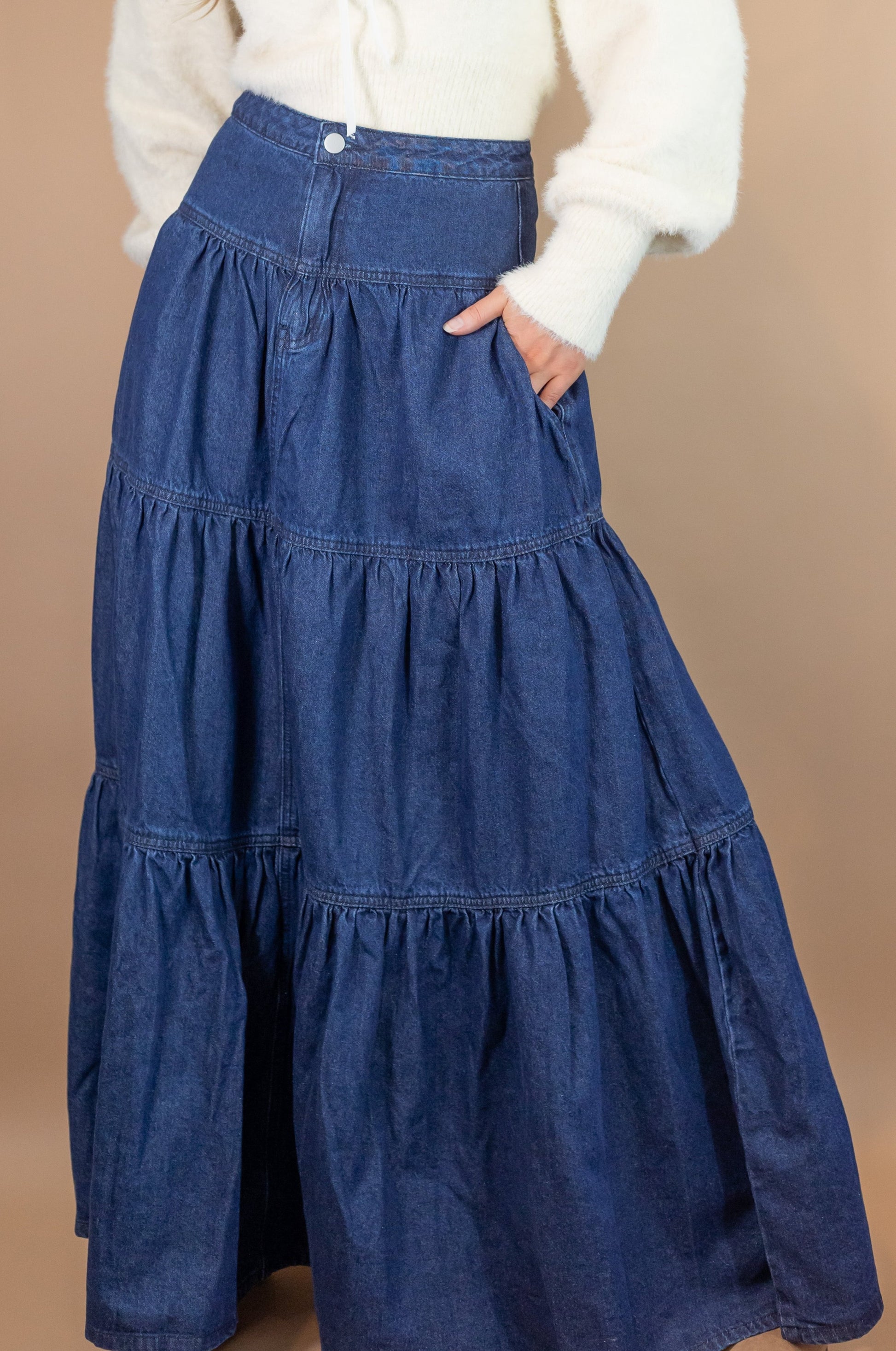 woman's blue denim maxi length skirt