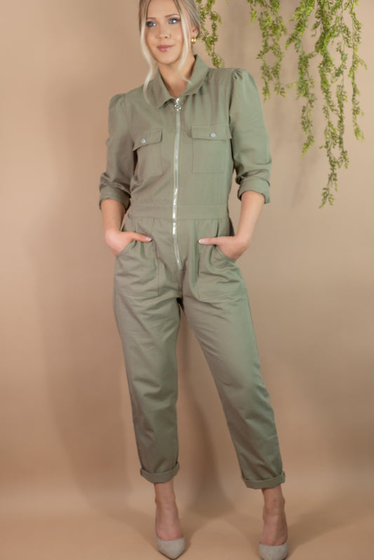 woman's army green utility long sleeve zipper jumpsuit with pockets