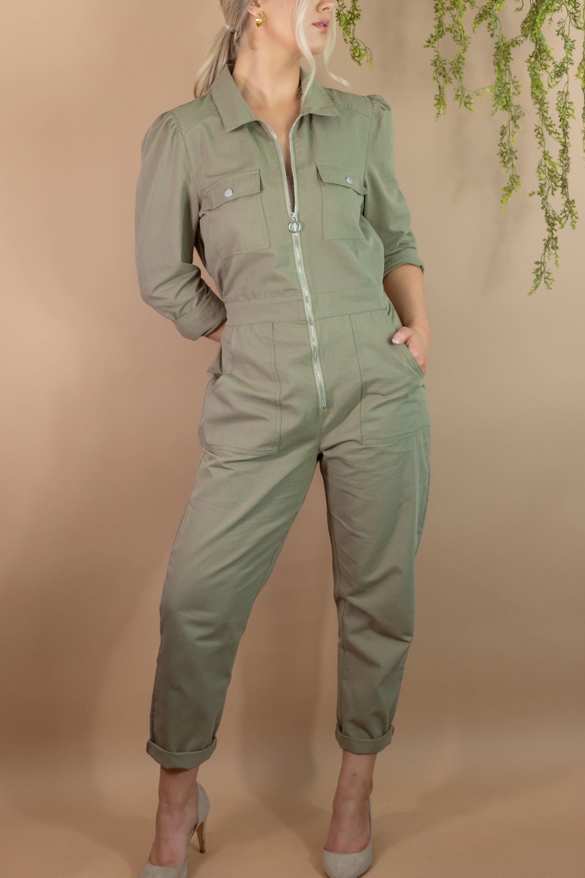 woman's army green utility long sleeve zipper jumpsuit with pockets