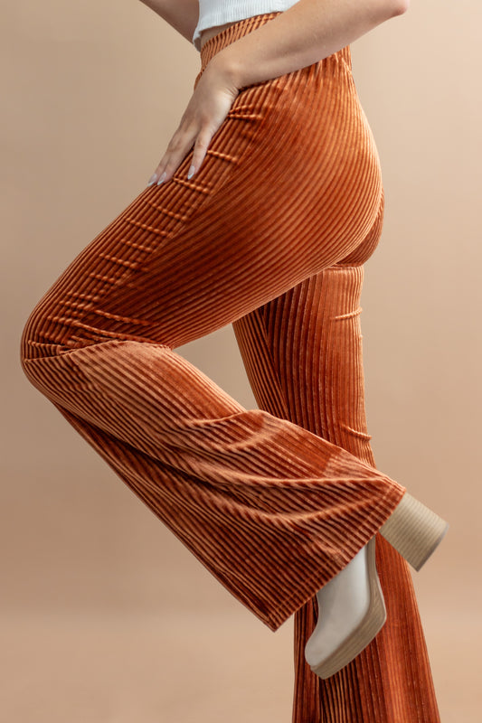 Woman's copper stretchy corduroy  high waisted flare pants