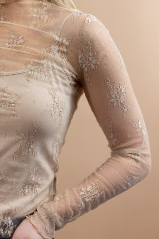 Kalli Sheer Layering Long Sleeve Top-Beige