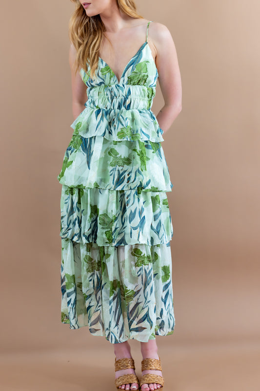 Zayla Tropical Tiered Midi Dress