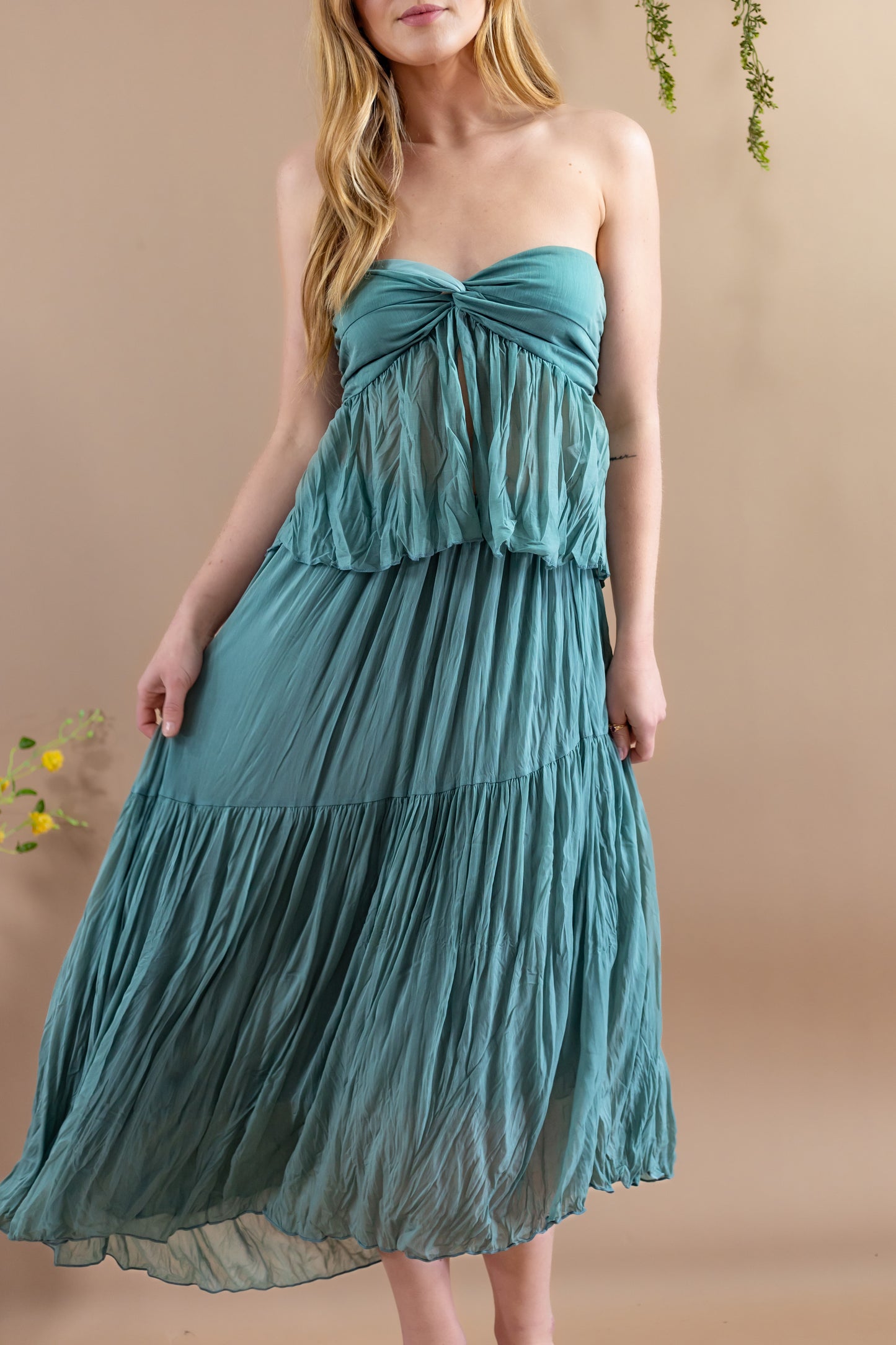Lyra Strapless Top & Asymmetrical Midi Skirt Set - Turquoise