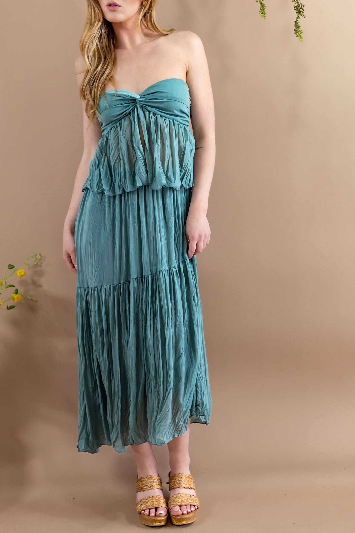 Lyra Strapless Top & Asymmetrical Midi Skirt Set - Turquoise