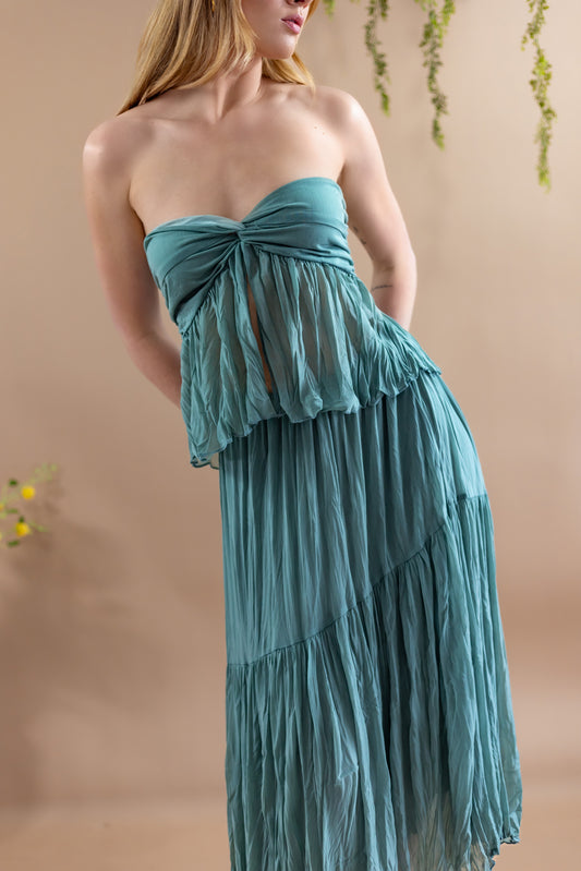 Lyra Strapless Top & Asymmetrical Midi Skirt Set - Turquoise