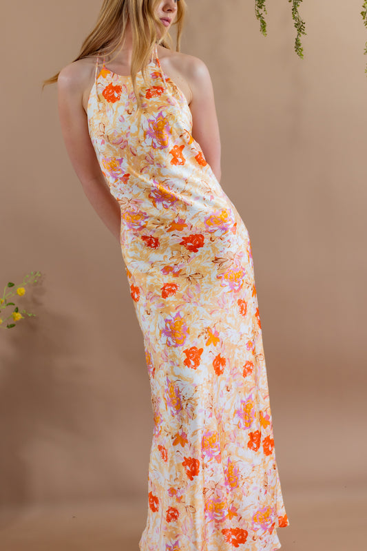 Zaria Backless Halter Satin Maxi Dress