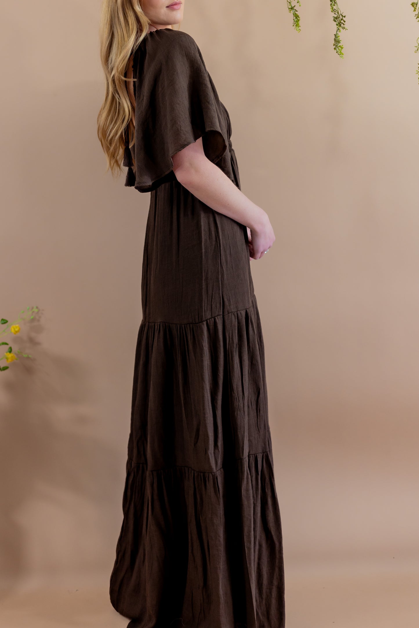 Freya Deep V Maxi Dress - Brown