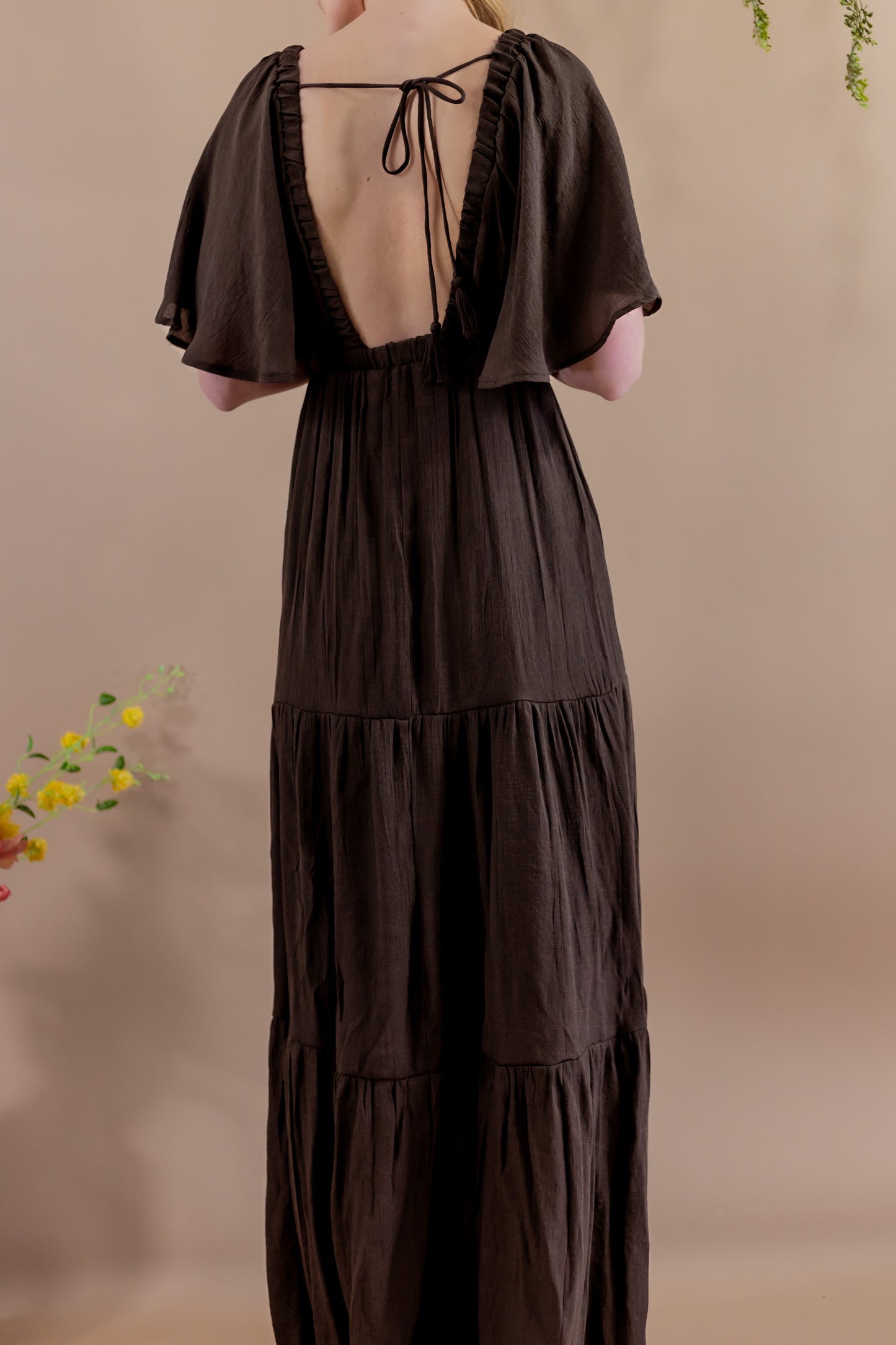 Freya Deep V Maxi Dress - Brown