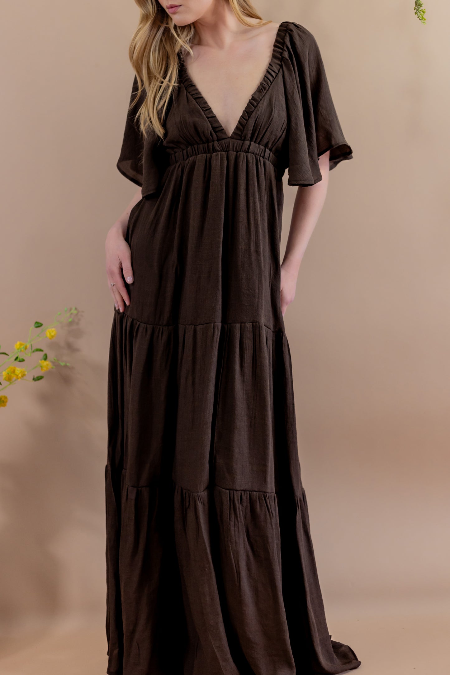 Freya Deep V Maxi Dress - Brown