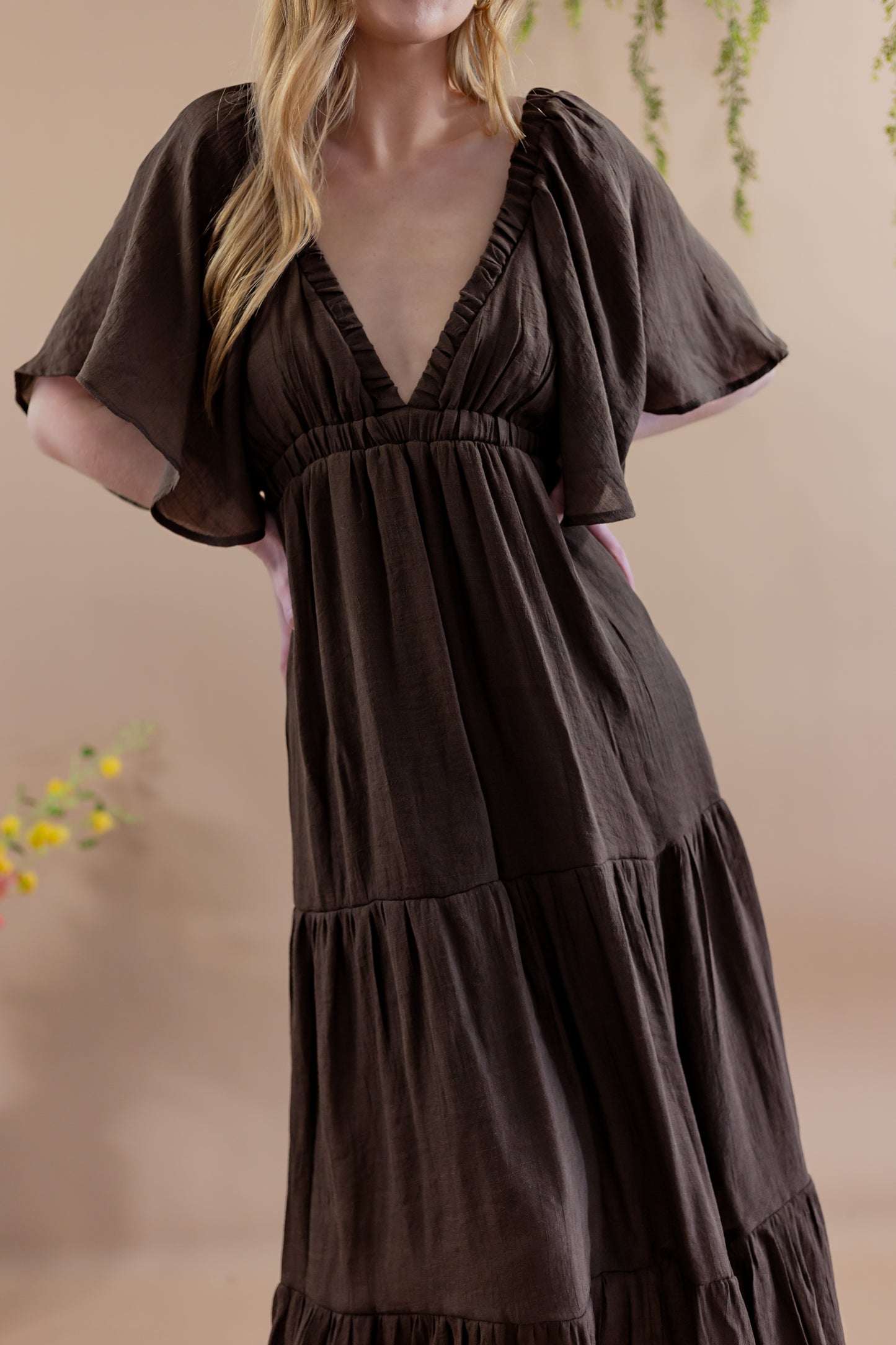 Freya Deep V Maxi Dress - Brown