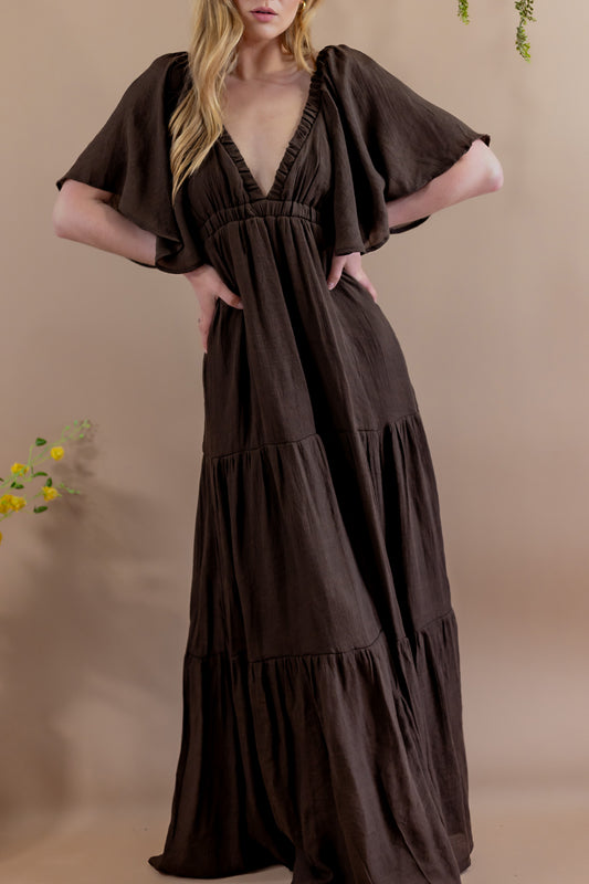 Freya Deep V Maxi Dress - Brown
