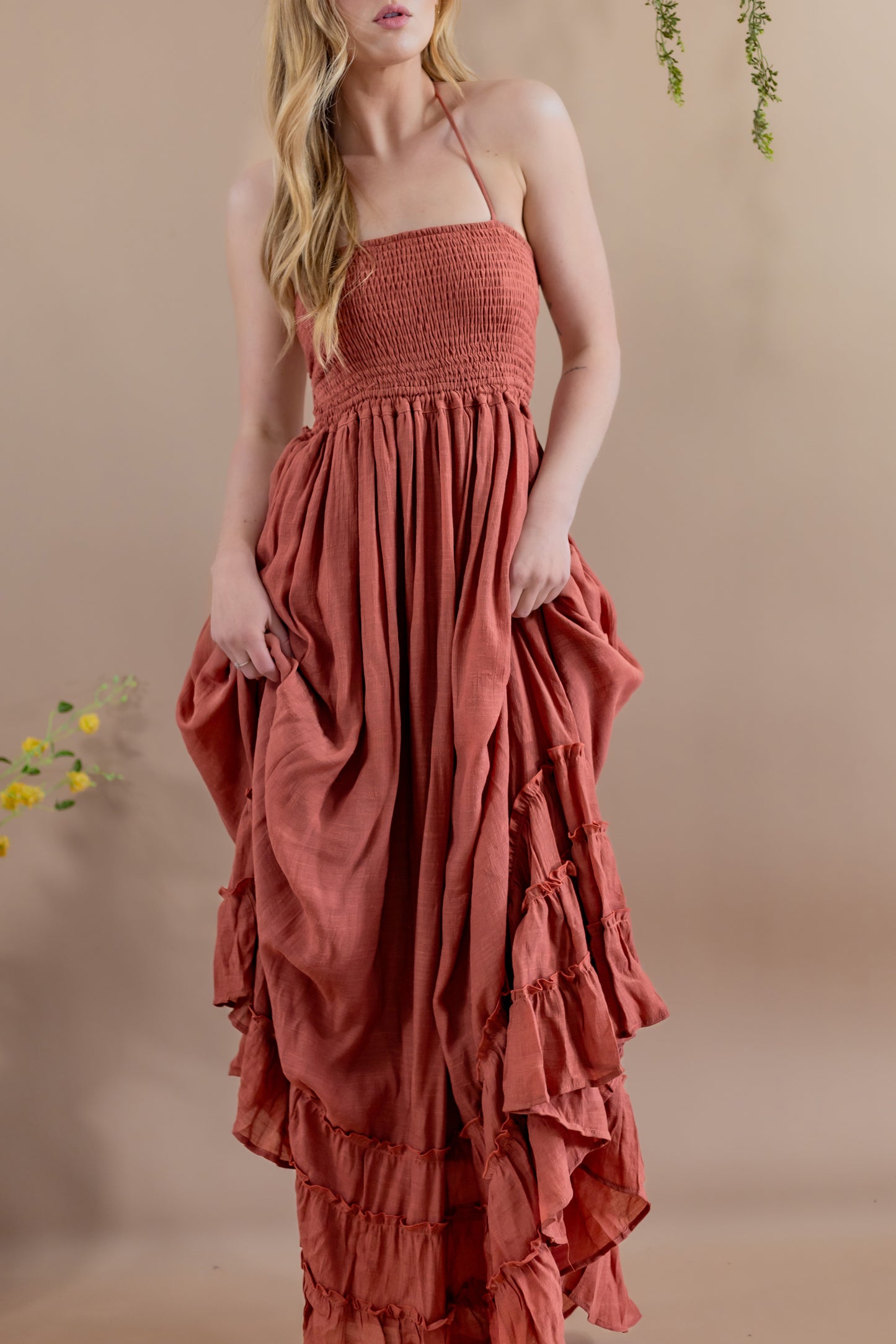Vanya Halter Open Back Maxi Dress - Rust