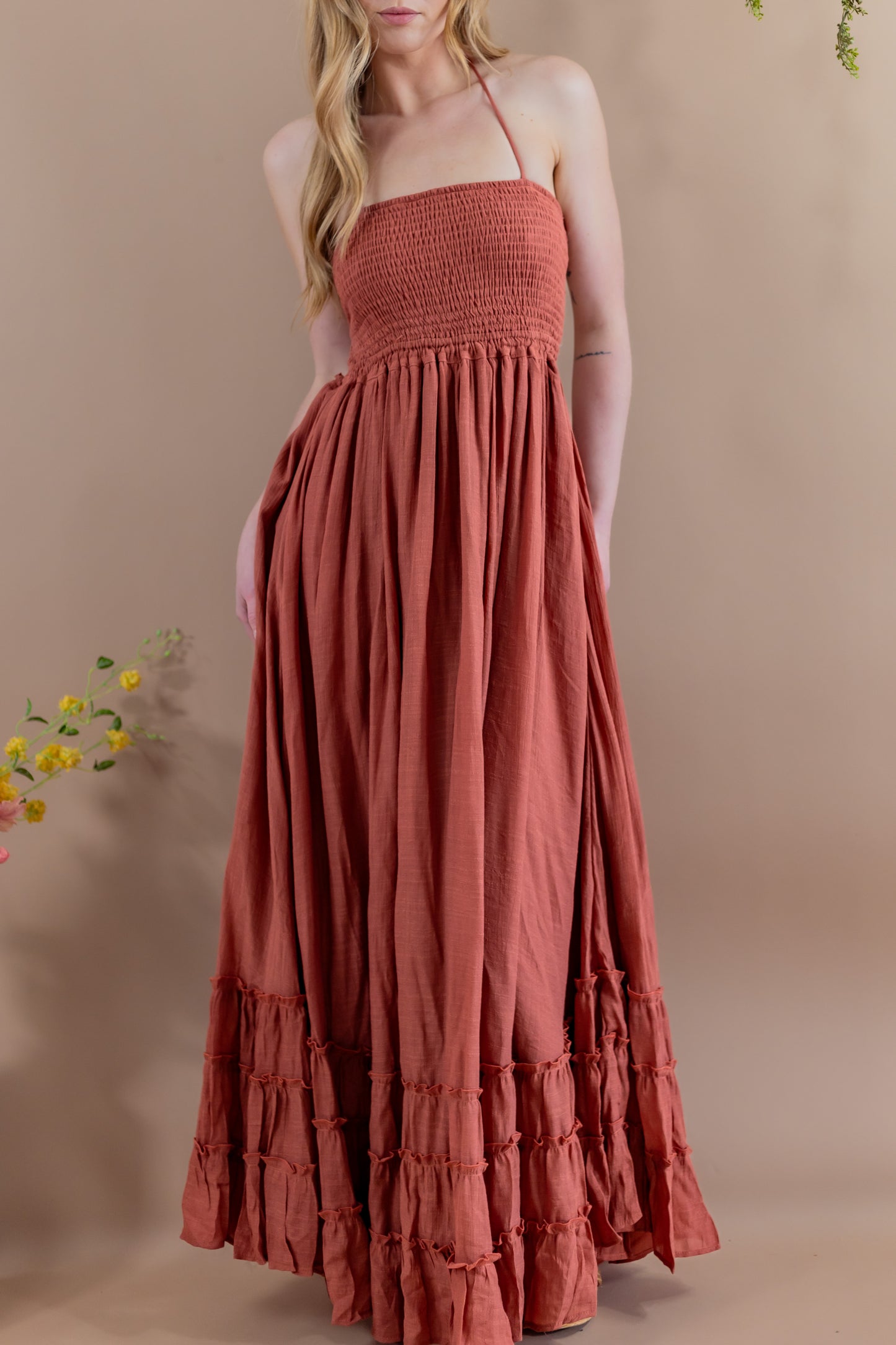 Vanya Halter Open Back Maxi Dress - Rust