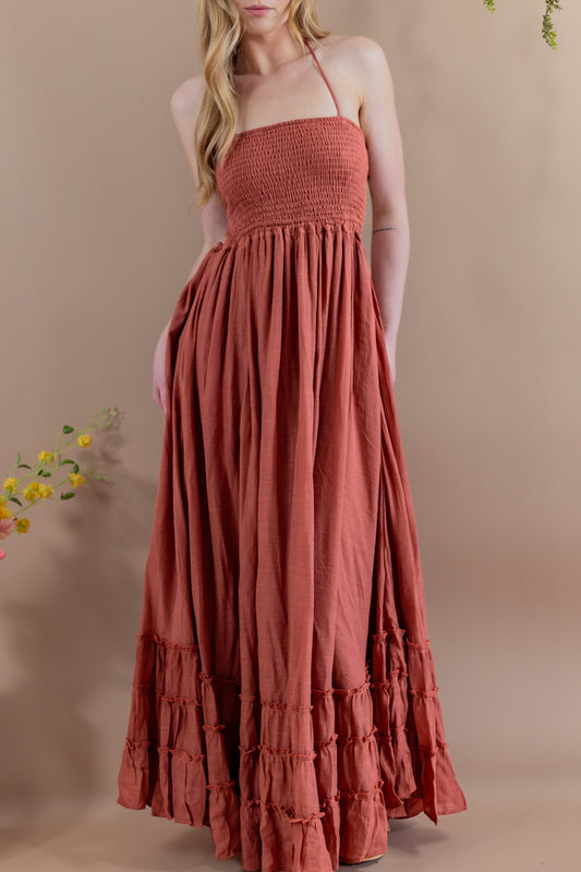 Vanya Halter Open Back Maxi Dress - Rust