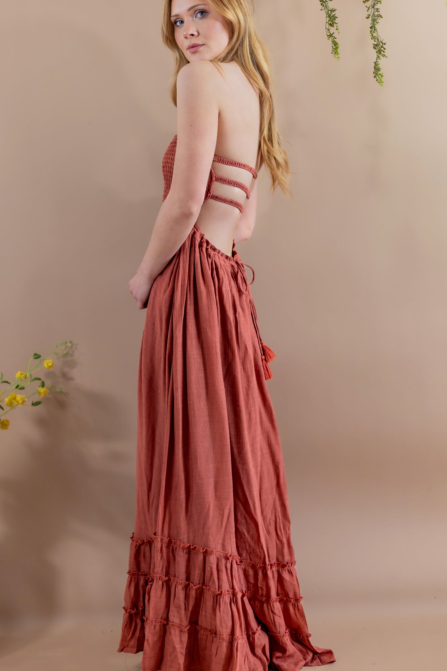 Vanya Halter Open Back Maxi Dress - Rust