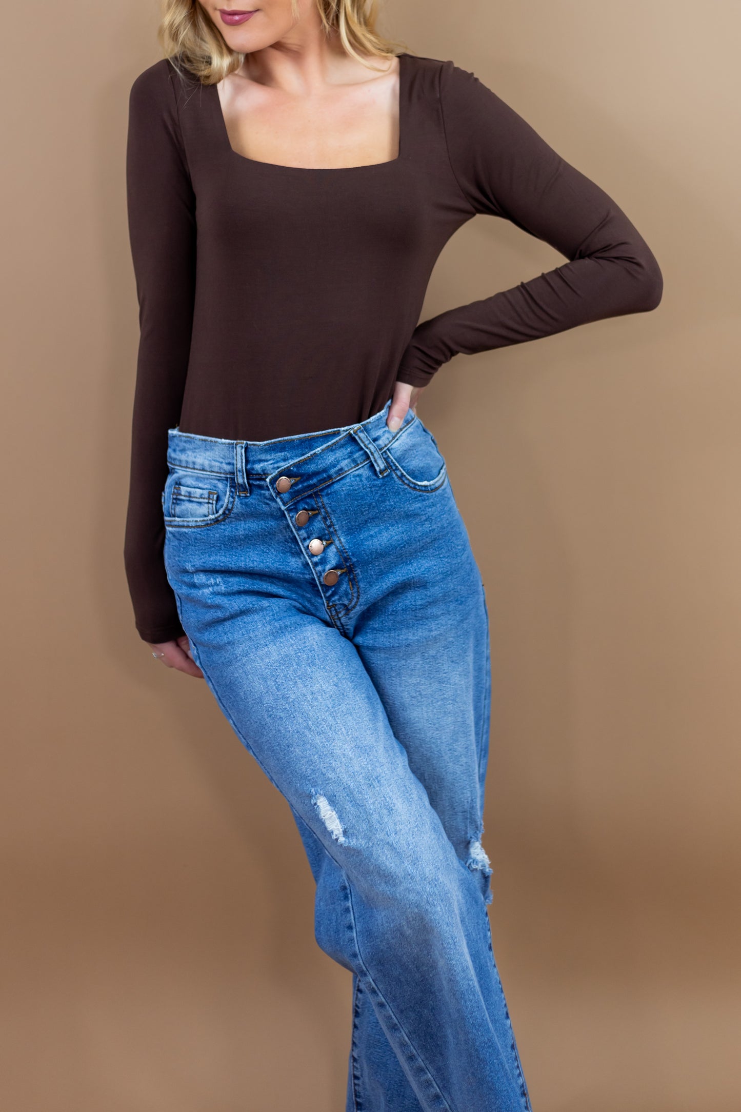 Adeena Long Sleeve Square Neck Bodysuit - Brown