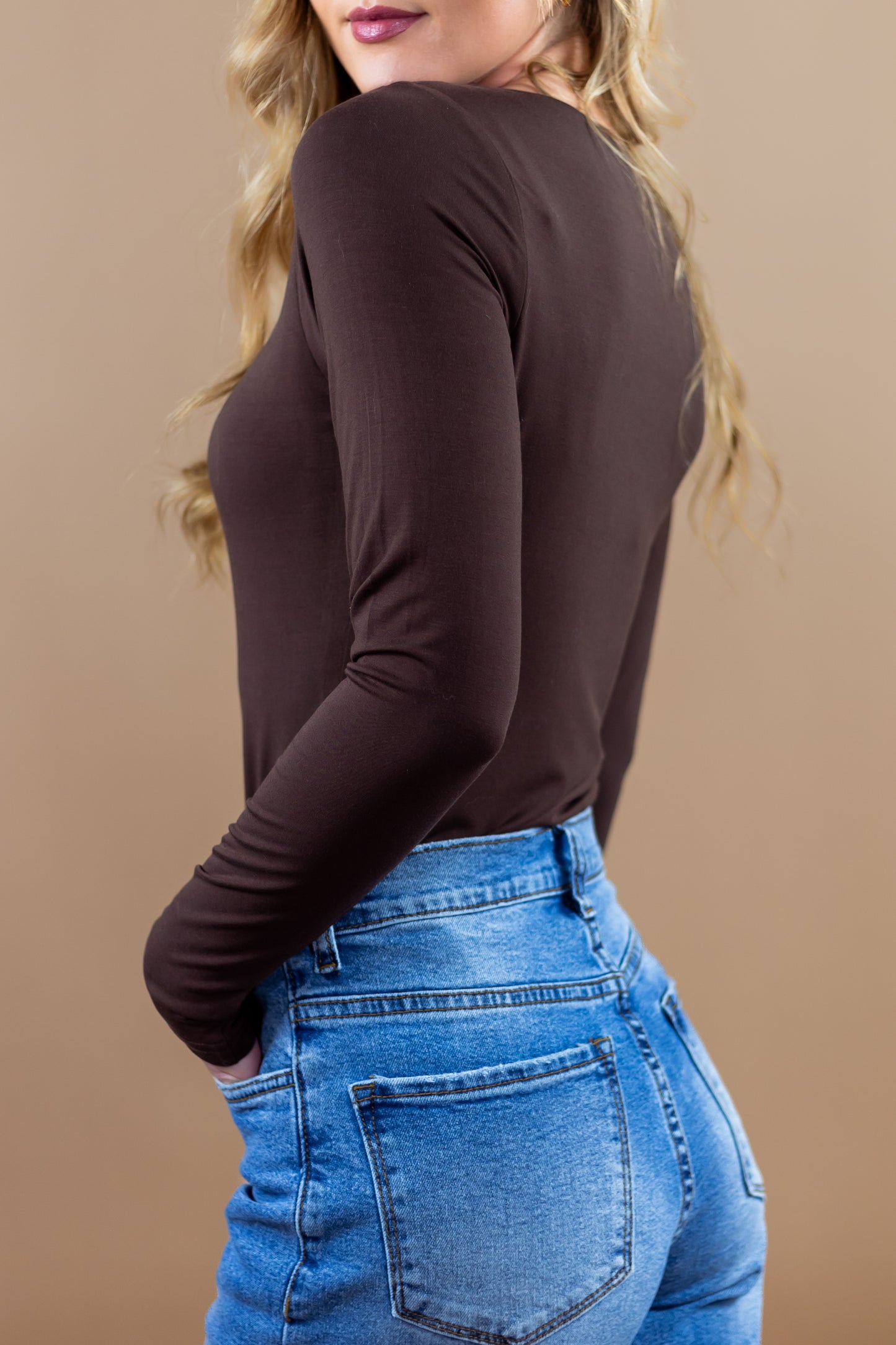 Adeena Long Sleeve Square Neck Bodysuit - Brown