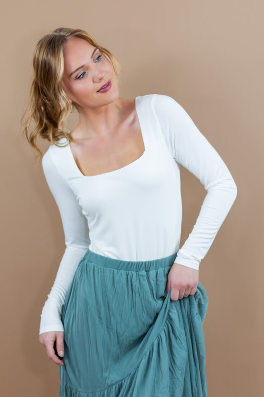 Adeena Long Sleeve Square Neck Bodysuit - White