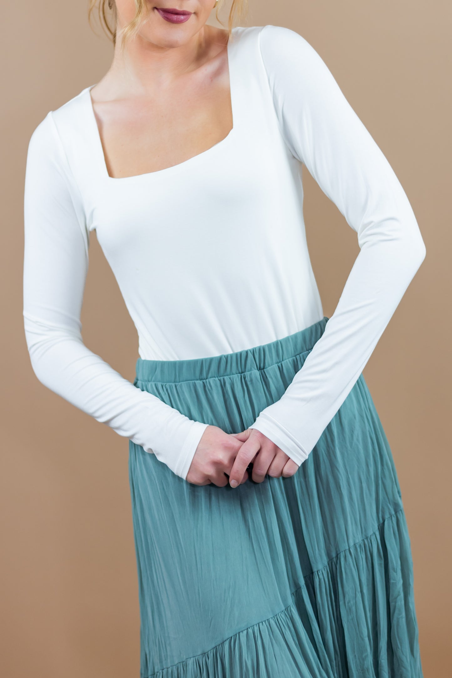 Adeena Long Sleeve Square Neck Bodysuit - White